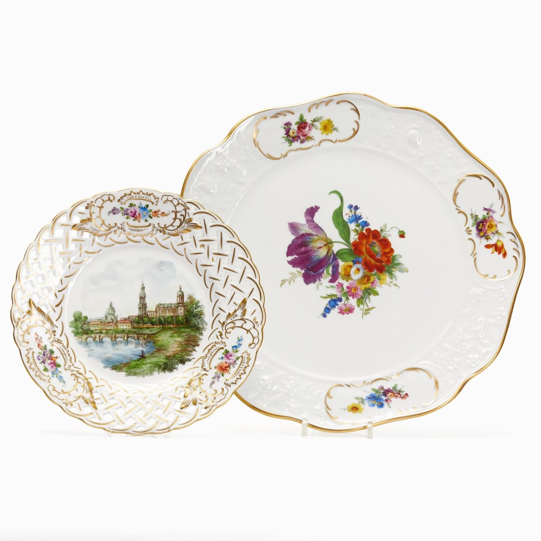 1 pierced plate: Dresden city view and 1 cake plate: flower bouquet, Potschappel from 1901 (1 of 4)