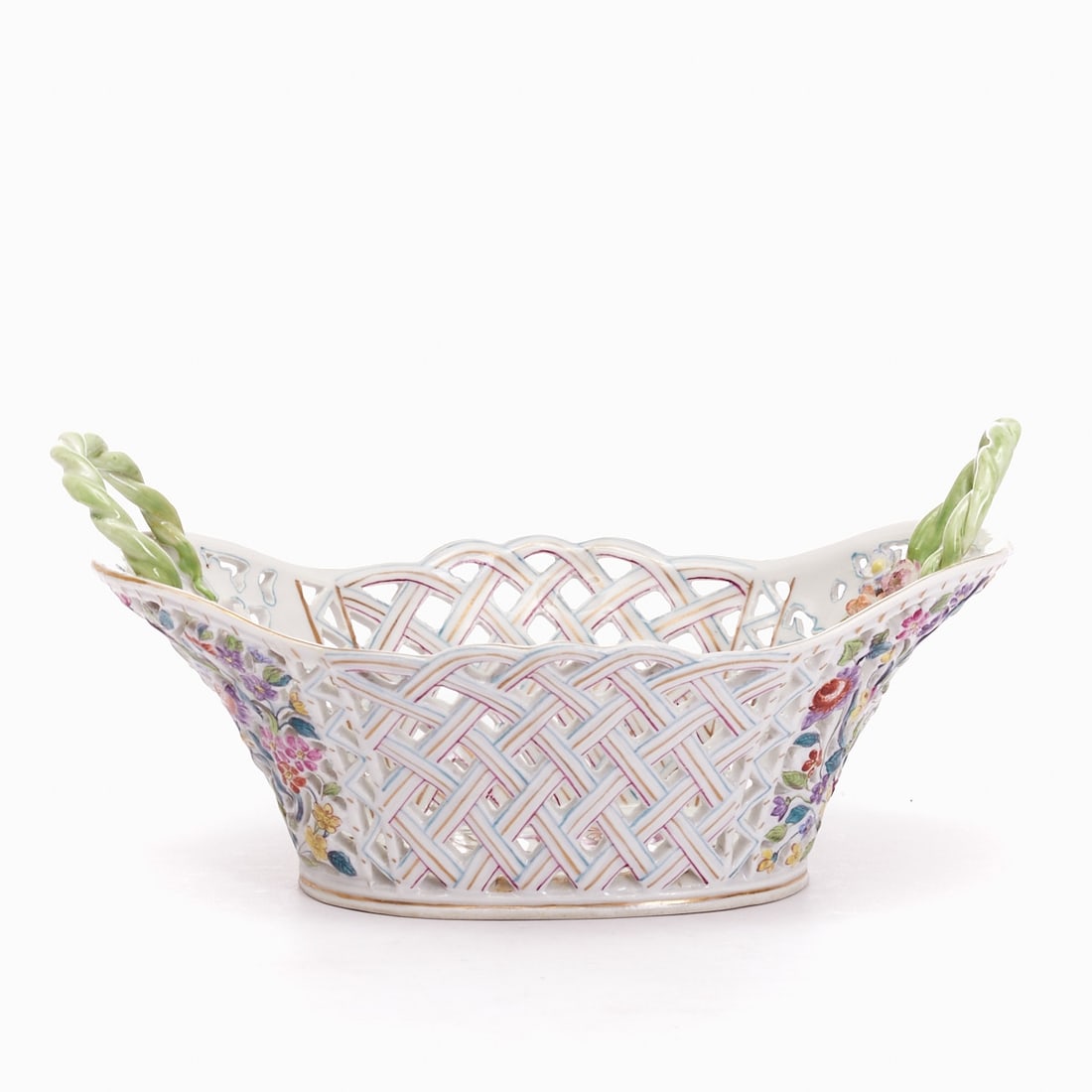 Pierced Basket - Flower painting with insects, 19th/20th century: Pierced Basket - Flower painting with insects 19th/20th century. Porcelain, white, glazed. Polychrome and gold painted. Underglaze blue imitation mark: Marcolini crossed swords mark. 1st choice. H. 12