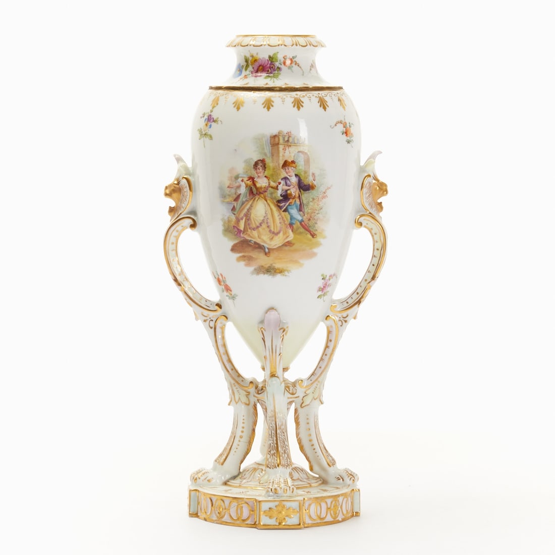 Amphora Vase - Gallant Figural Scene and Flower Bouquet, Potschappel 1888-1901 (1 of 4)