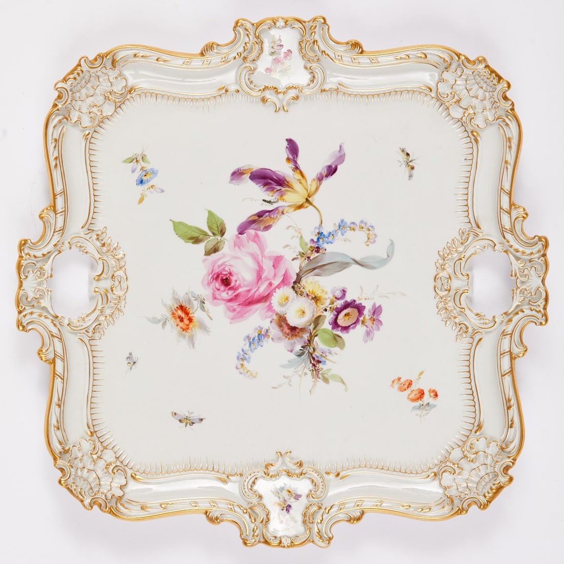 Ornate tray - Floral bouquet with insects, Meissen 1850-1924 (1 of 3)