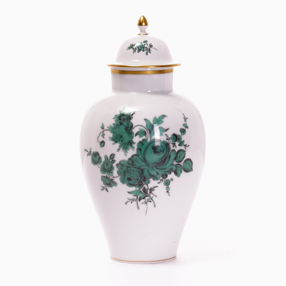 Lidded vase - copper green flower bouquet, Meissen 1980: Lidded vase - copper green flower bouquet State Porcelain Manufactory, Meissen 1980. Porcelain, white, glazed. Painted copper green, darkly shaded. Gold rim. Blue crossed swords mark underglaze. 1st c
