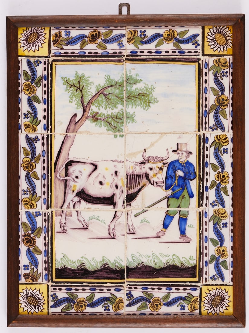 Tile tableau / tile picture - cow with farmer. Delft or Dutch, probably from Utrecht, 19th century. (1 of 2)