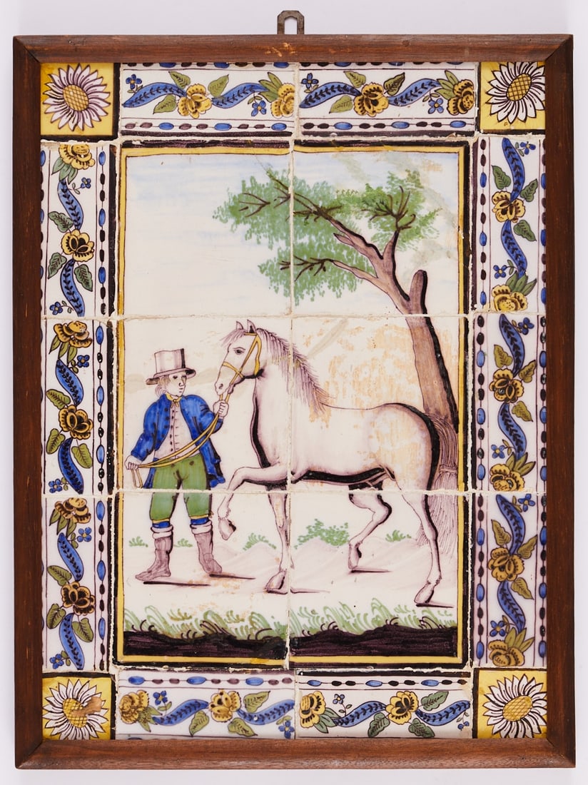 Tile tableau / Tile picture - Horse with farmer. Delft or Dutch, probably from Utrecht, 19th (1 of 2)