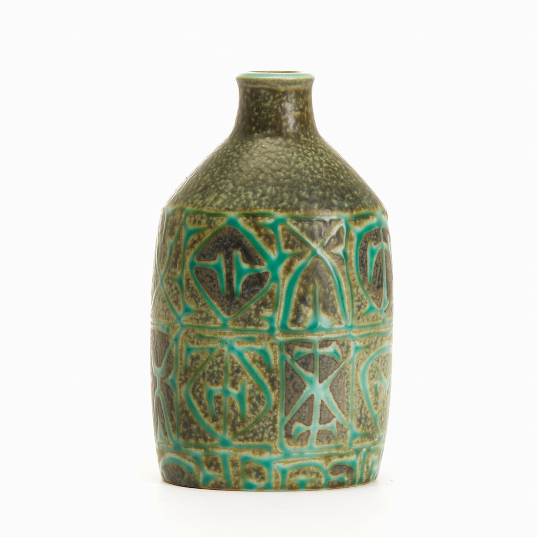 Vase Baca Series - Nils Thorsson. Royal Porcelain Manufactory, Copenhagen 1969-1974.: Vase Baca Series - Nils Thorsson Royal Porcelain Manufactory, Copenhagen 1969-1974. Stoneware, light clay body, green and black glazed with geometric, abstract design. Blue mark under the glaze, three