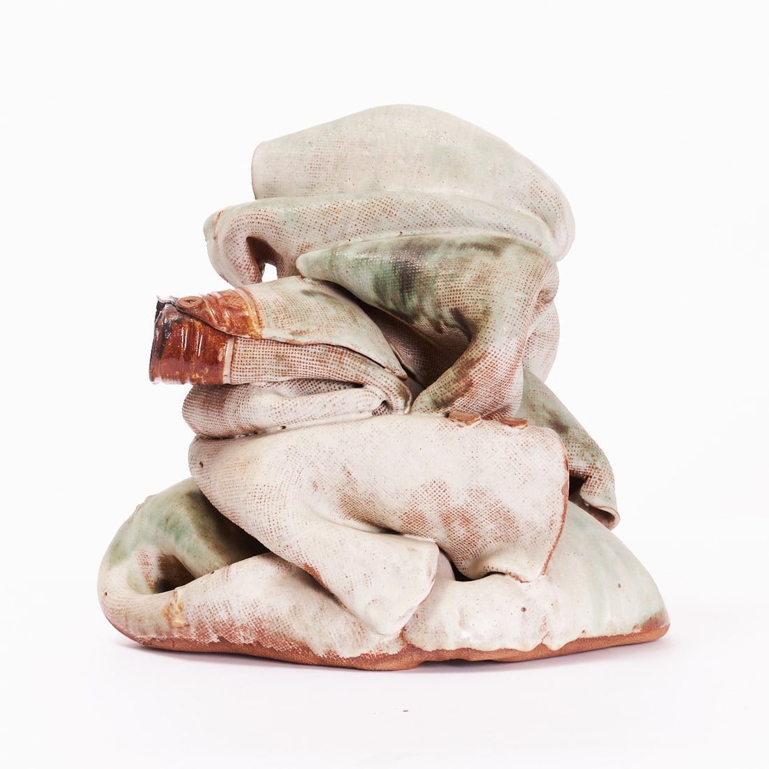 Sculptural unique object, soldier's uniform against war. Rune Markstr?¶m (1936-2000), 1994.: Sculptural unique object - Soldier's uniform against war Rune Markström, 1994. Reddish clay, with textile structure. Greenish-white matt engobe with brown accents and button appliqués. H.
