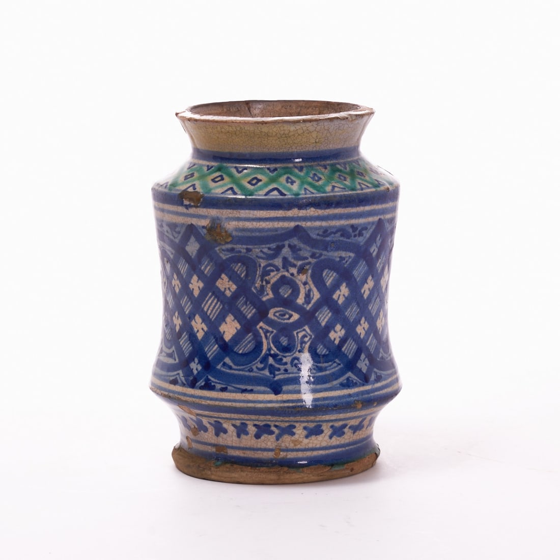 Albarello / Pharmacy jar. Faenza / Italy 16th century.: Albarello / Pharmacy jar Faenza / Italy 16th century. Reddish-beige body with unglazed base. Body in a slight spool shape with recessed shoulder and flared rim. Wall with a circumferential border of a