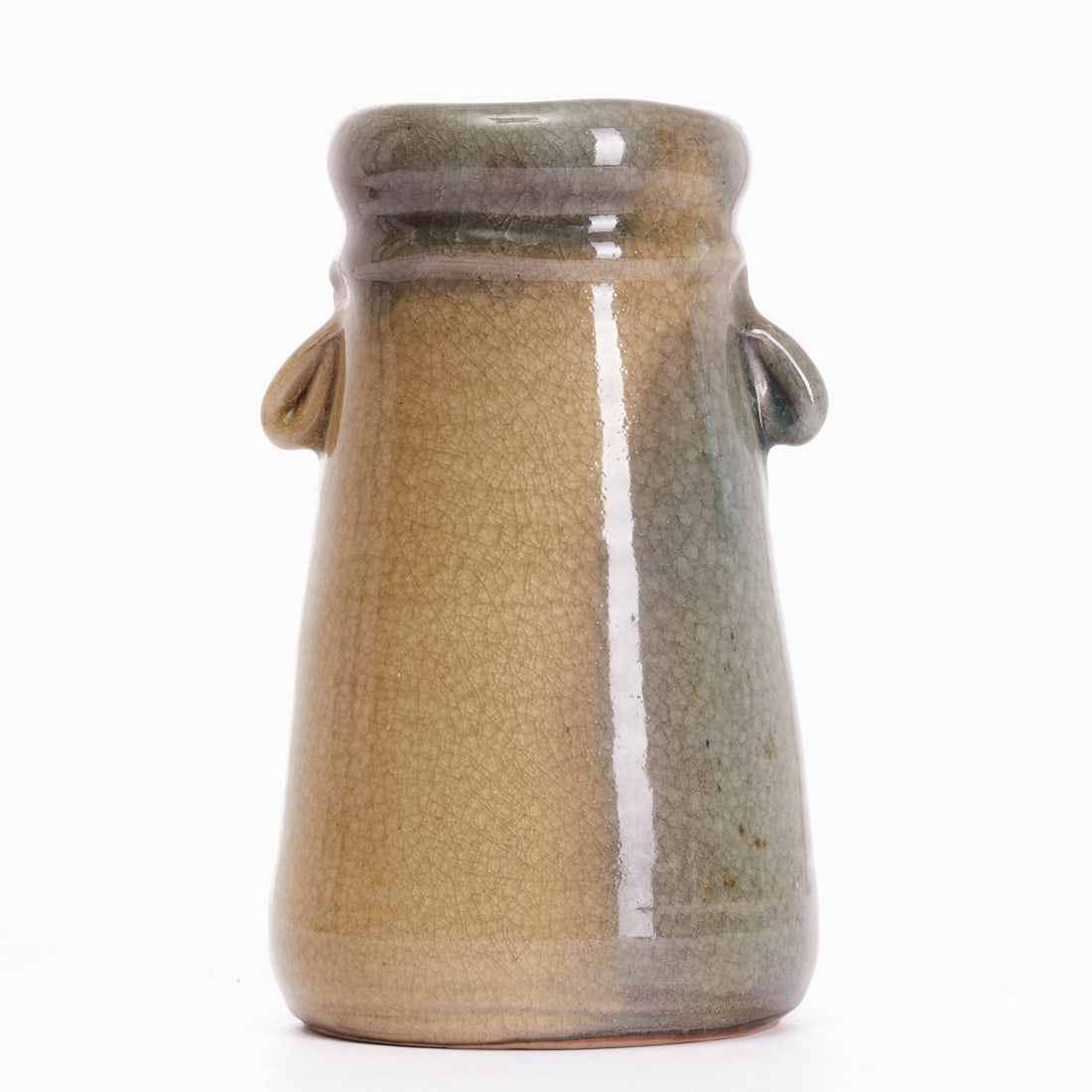 Vase with small handles. Mrs. von Essen.: Vase with small handles Mrs. von Essen. Ceramics, light body. Beige-green reduction glaze, crackle. Impressed mark on the unglazed base. H. 23.5 cm.
