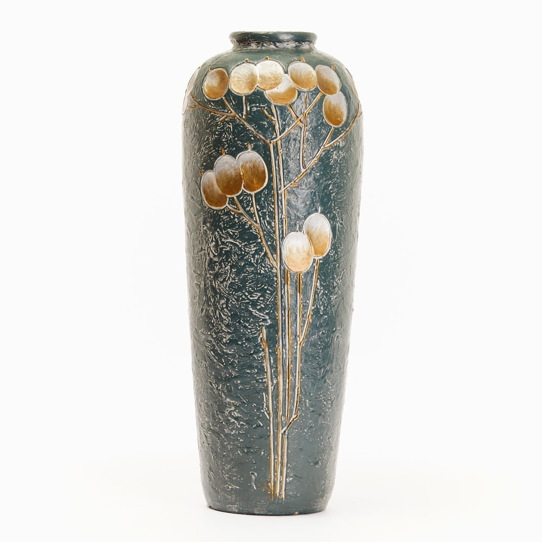 Vase - Honesty branches.: Vase - Honesty branches Ceramic, light shard. Matte green slip, lightly reliefed. Wall with gilded honesty branches (also known as Judas-penny or moon-violet). Inscribed on the base: 6093 B. H. 43.5 c