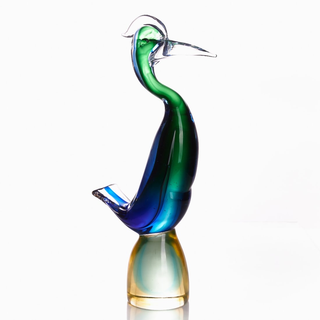 Bird - Swan on base - Sommerso. Pauly & C., Murano.: Bird - Swan on base - Sommerso Pauly & C., Murano. Bird: green glass, with blue glass, overlaid with colorless glass. Eyes made of black glass. Base: light blue glass overlaid with yellow glass. U