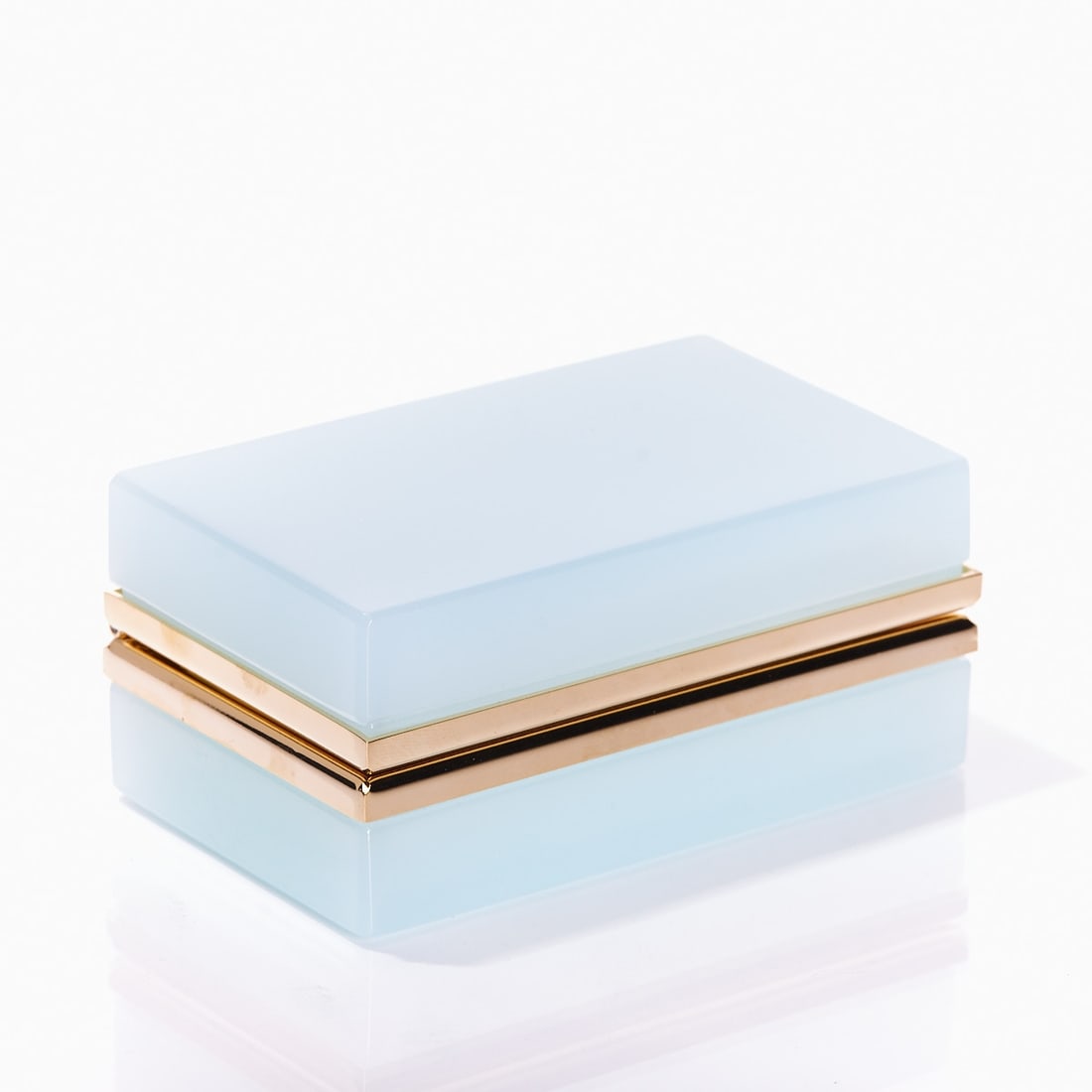 Rectangular lidded box - Art Deco. France, circa 1935-1940.: Rectangular lidded box - Art Deco France, circa 1935-1940. Thick-walled, light blue opal glass, slightly translucent, cut and polished. Gilded brass mounting with hinge. H. 5 cm, 6.5 x 11 cm.