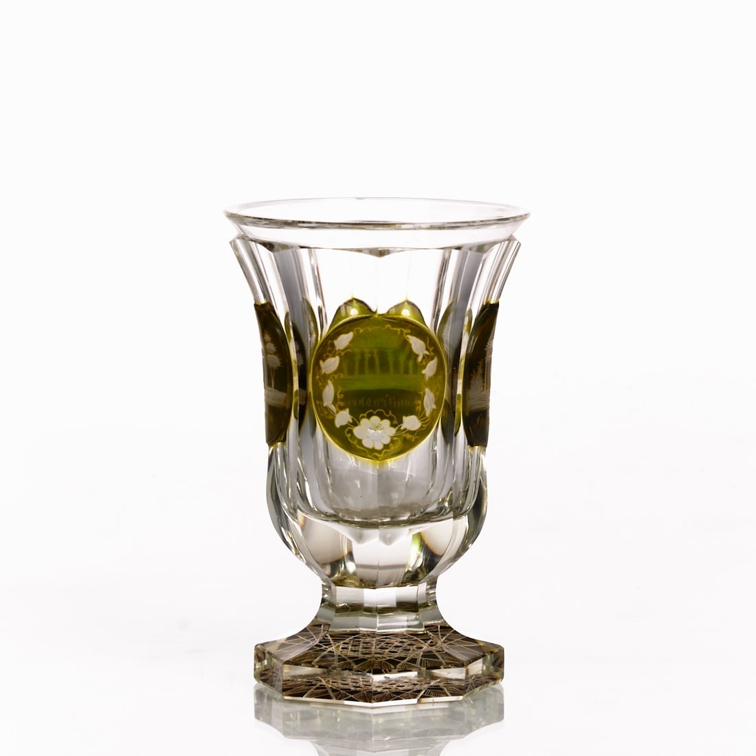Bathing cup. Mid 19th century.: Bathing cup Mid 19th century. Colorless glass, green and yellow glazed, cut. Frosted cut buildings: Franzensbrun, Louisensbrun, Salzbrun and empty medallion with floral rim. Octagonal foot with incise