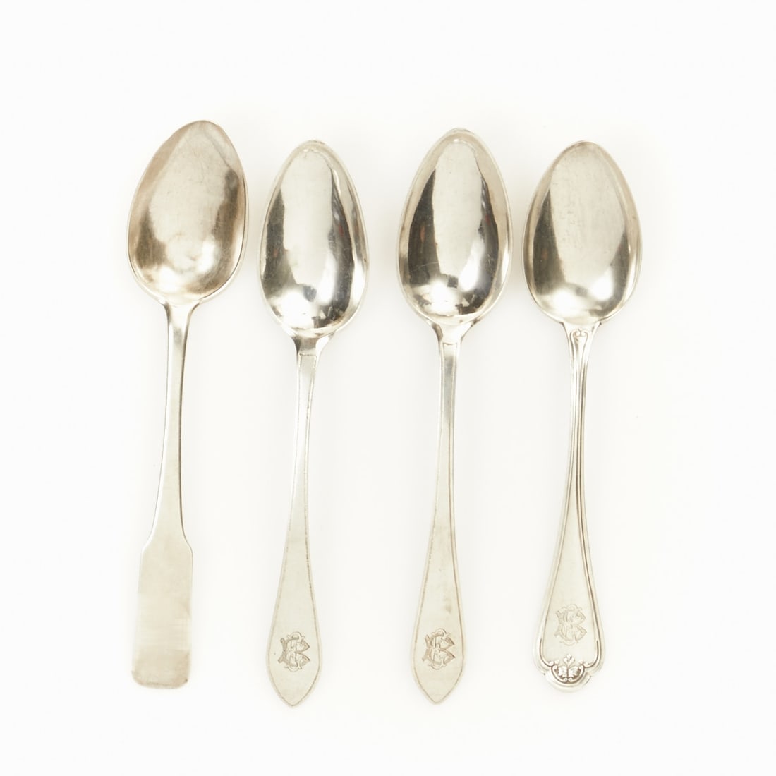 11 Biedermeier Table Spoons: 11 Biedermeier table spoons 19th century. 750/800/812.5 silver. Hallmarks: maker's mark, 12, 13, 800, crescent/crown. Weight: 492 g. Monogr.
