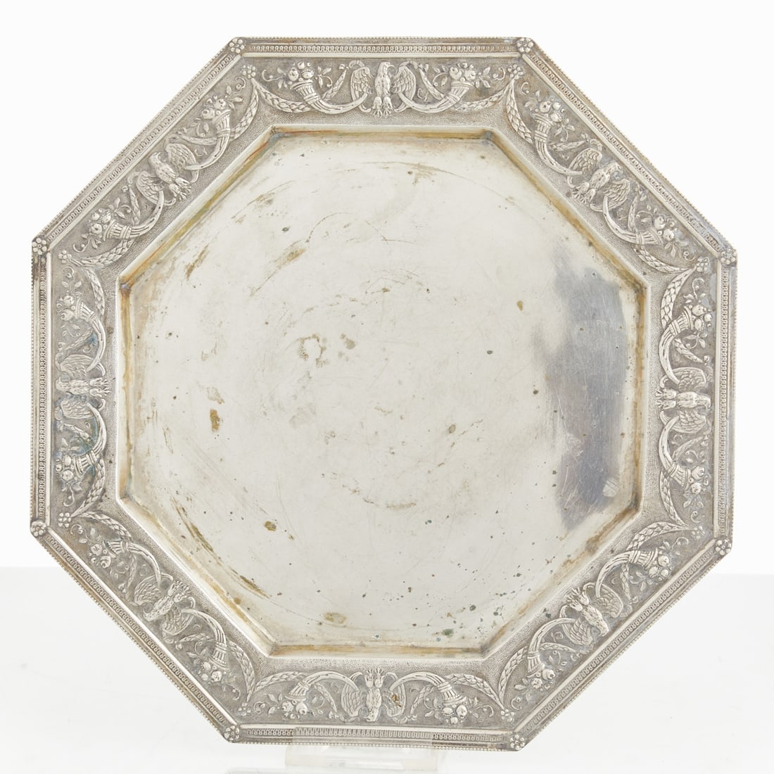 Louis XVI Style Tray: Louis XVI style tray Probably Wolf & Kell/Hanau, circa 1900. Silver. Hallmarks: maker's marks. 1.3 x 27 x 27 cm. Weight: 526 g.