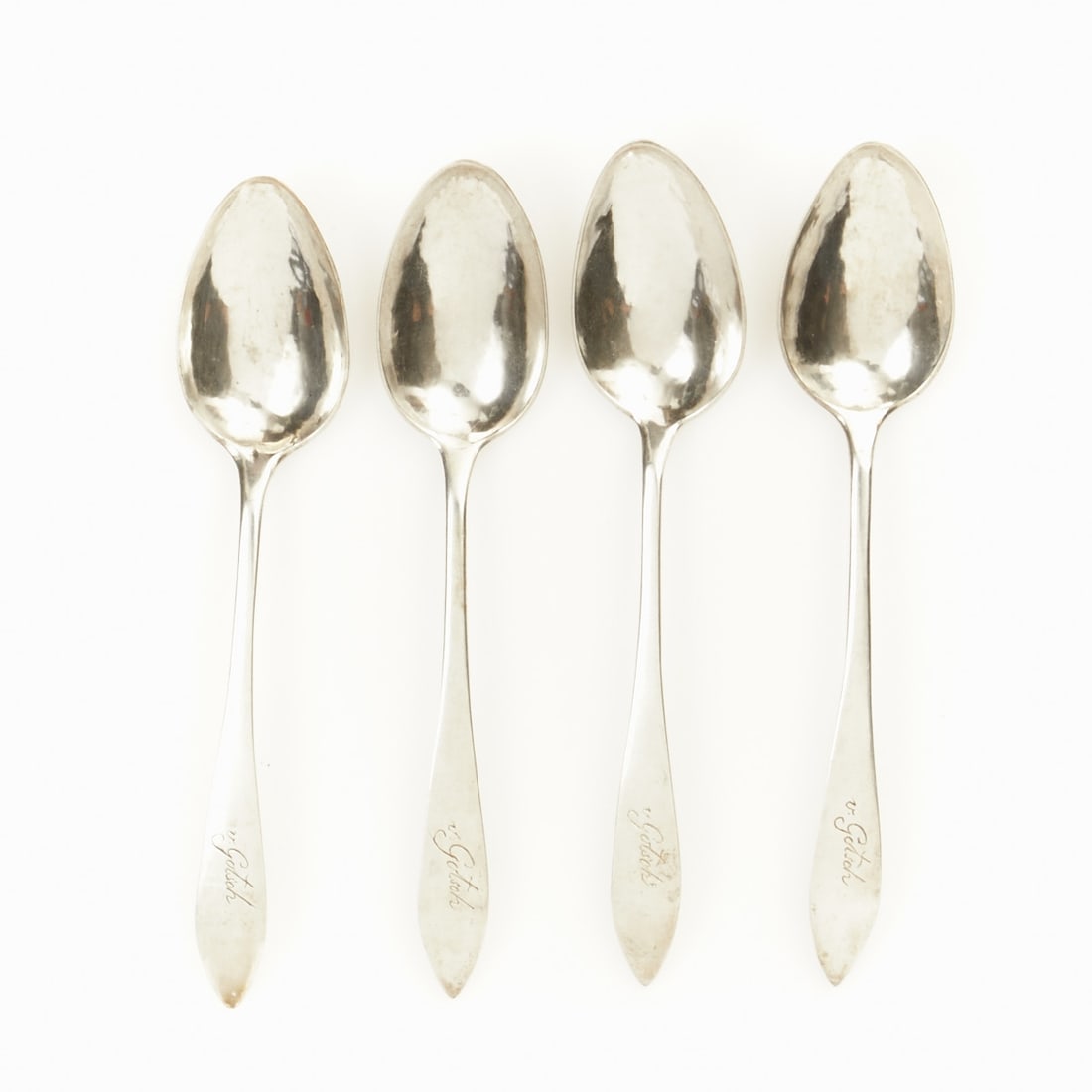 4 Biedermeier Table Spoons: 4 Biedermeier table spoons Probably Andreas Henze/Heiligenstadt, circa 1810. 750 silver. Hallmarks: maker's mark, 12. L. 23.5 cm. Weight: 202 g. Inscription.