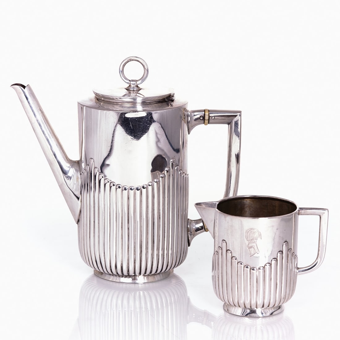Coffee Pot and Creamer: Coffee Pot and Creamer Vollgold & Söhne/Berlin. 800 silver. Hallmarks: maker's mark, 800, crescent/crown. Weight: 552 g. Coat of arms of the von Alten family. 1 coffee pot H. 17.5 cm. 1