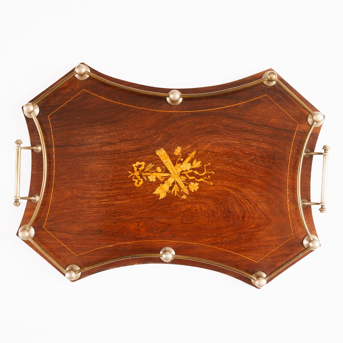 Decorative Wooden Tray with Brass Gallery: Decorative Wooden Tray with Brass Gallery England, circa 1900. Wood. Brass. Dimensions: 56 x 40 cm. Scalloped rectangular shape with a surrounding brass gallery and two side handles. The top with