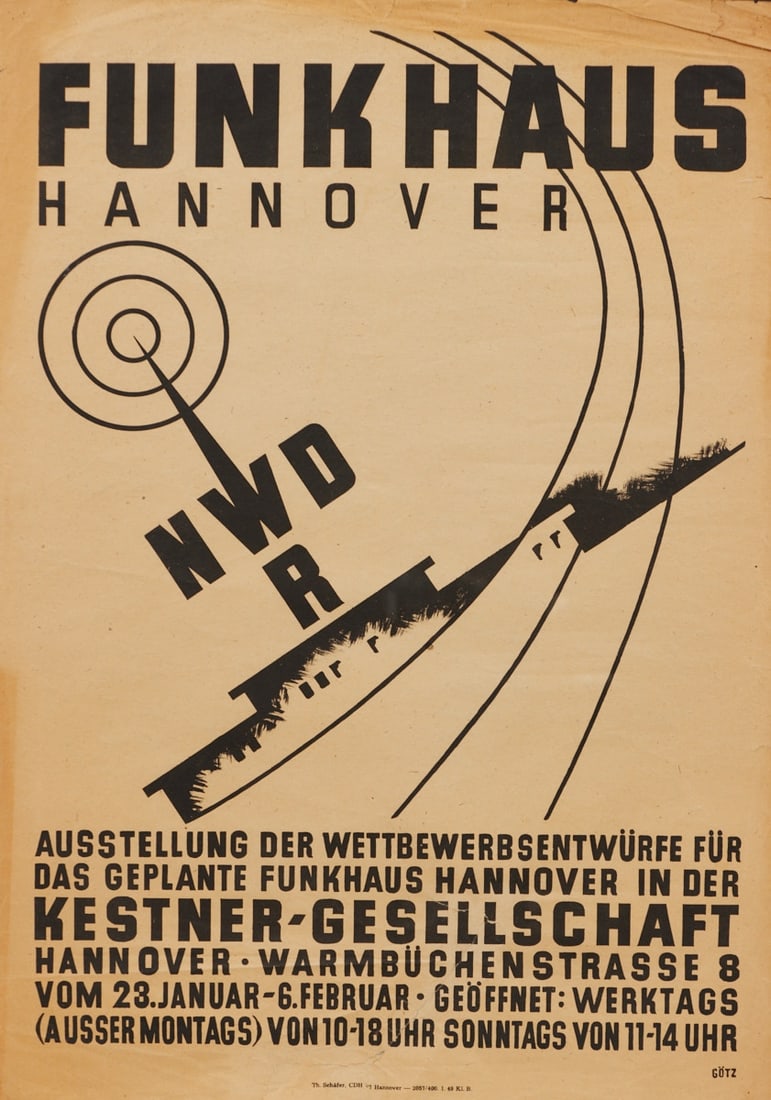 Poster, Funkhaus Hannover, circa 1948: Poster Hannover, circa 1948. - Funkhaus Hannover - Print/paper. 59.5 x 42 cm. Inscribed: Funkhaus Hannover // Exhibition of competition designs for the planned Funkhaus Hannover at the