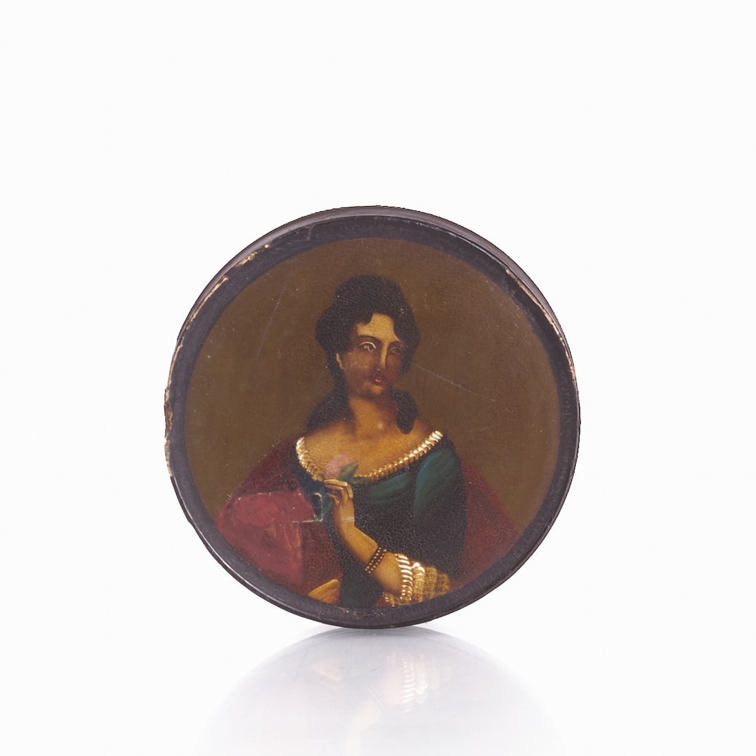 Lidded box, probably Stobwasser with reverse glass painting: Lidded box, probably Stobwasser with reverse glass painting Braunschweig or Berlin, circa 1800. Papier-mâché, black lacquered, with polychrome lid painting of a young woman. Interior blac