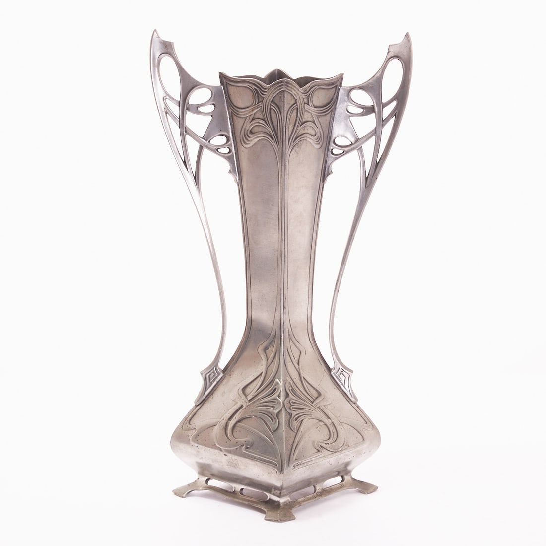 Art Nouveau Vase - Achille Gamba.: Art Nouveau Vase - Achille Gamba. Italy/Germany, circa 1881-1944. Pewter, embossed and pierced, with stylized floral Art Nouveau decor. Marked on the reverse "Achille Gamba", model number 13