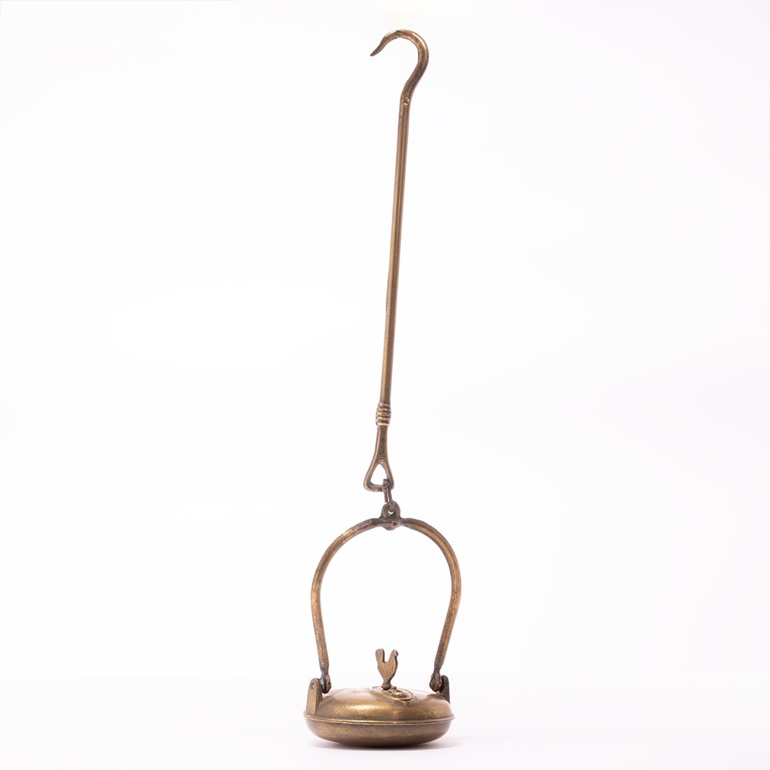 Antique Mining Lamp: Antique mining lamp 19th century. Brass. H. 53 cm, Diam. 11.5 cm. Spherical lamp body with a long, curved hanging handle and hook suspension, domed lid with a plastic rooster as a closure. Signs of