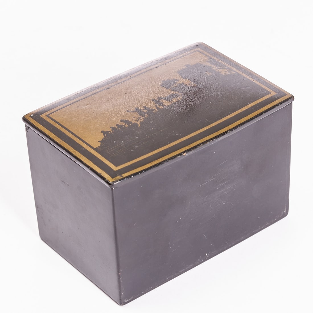 Lacquered Box with Village Scene: Lacquered box with village scene Russia, approx. 1850. Wood, black and gold-colored lacquer. Dimensions: 10.2 x 15.2 x 10.2 cm. Rectangular body with hinged lid. On the lid, a silhouette-like