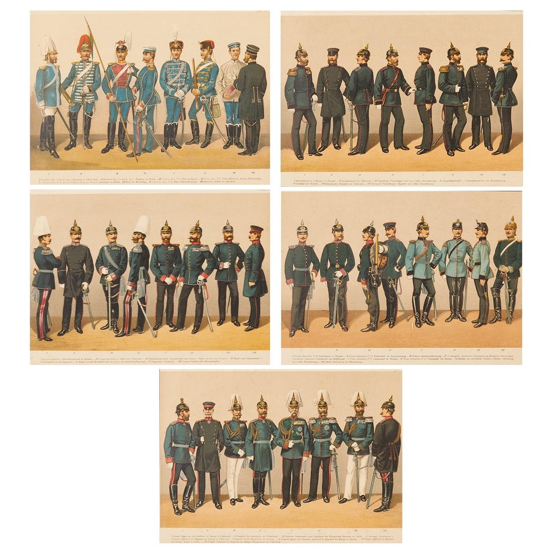 Georg Krickel: Georg Krickel 1855 - 1901 - "The German Imperial Army in its latest uniform" - (around 1889/1900) 5 lithographs/paper. Kingdom of Saxony (sheets 21, 22, 25, 27, 28). Each 25.1 x 32.6 cm (she