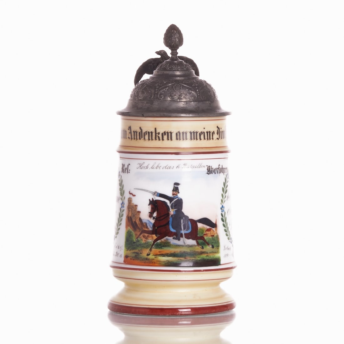 Reservist's stein Reservist Obersohren - Train Btn. 16. Forbach. 1894-96.: Reservist's stein Reservist Obersohren - Train Btn. 16. Forbach. 1894-96. -In memory of my service time- Porcelain, white, glazed. Polychrome decoration. Fill line 1/2 L. Pewter mounting with pewter