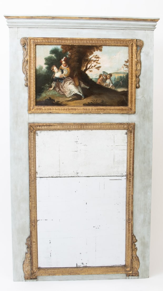 Baroque Wall Mirror with Supraporte: Baroque wall mirror with supraporte France, 18th/19th century. Polychrome wood. 200 x 114 x 6 cm. Damaged. Tall rectangular body with a two-part mirror, decorated with acanthus leaf decor. Above it,