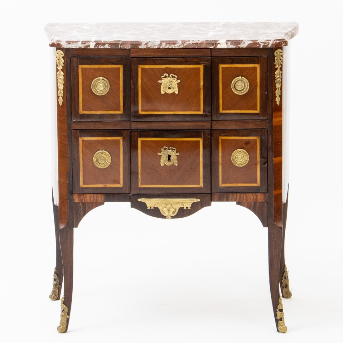Neoclassical Commode: Neoclassical commode France, 19th century. Rosewood. Fruit wood. Marble. 80 x 81 x 40 cm. On four curved legs. Rectangular, edged body with two drawers, decorated with band inlays. Finished with a
