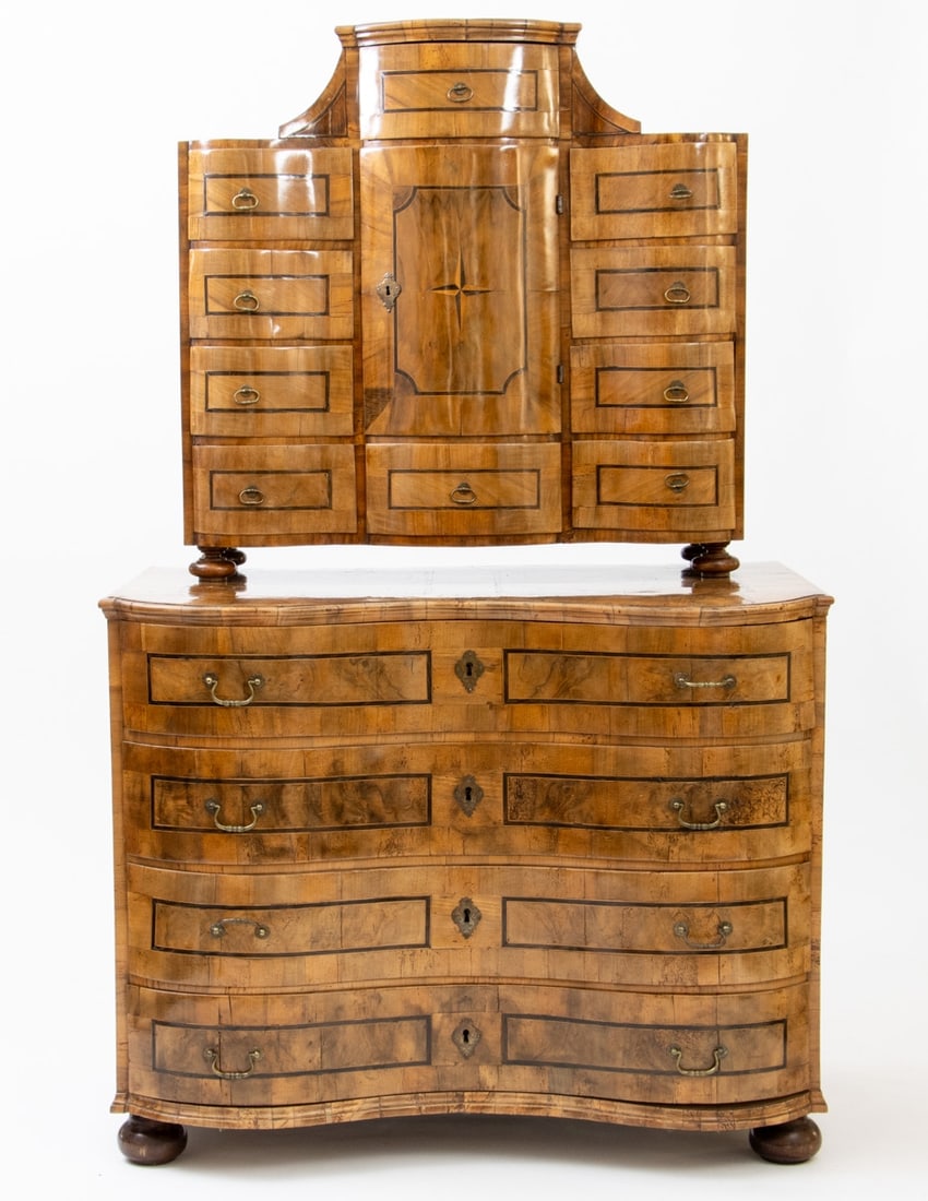 Baroque Commode with Top Cabinet: Baroque Commode with Top Cabinet Circa 1760. Walnut. Fruitwood. 194 x 120 x 68 cm. Good condition. On four squat ball feet. Double bombe body with four drawers, decorated with band inlays. Above this,