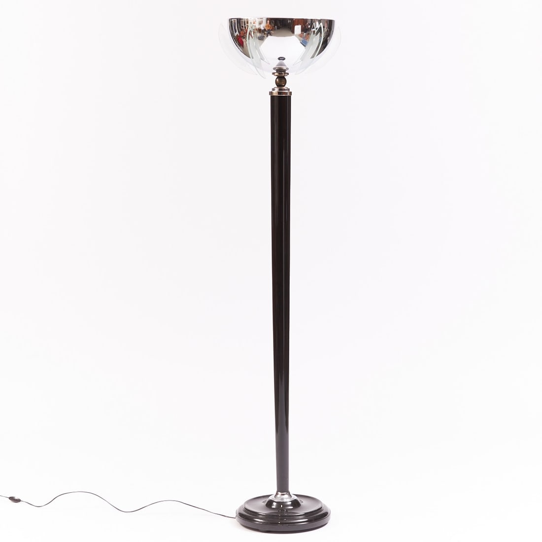 Art Deco Style Uplighter: Art Deco Style Uplighter Metal/chromed. Ebonized wood. Glass. Electrified (function not guaranteed). H. 180 cm.