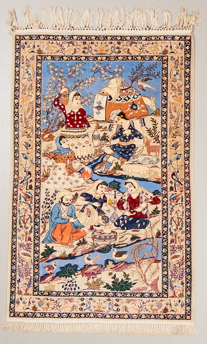 Isfahan - Pictorial Carpet: Isfahan Pictorial Carpet Persia, 20th century. Wool on cotton, approx. 160 × 101 cm. Hand-knotted pictorial carpet with a figural representation of an oriental landscape scene featuring several