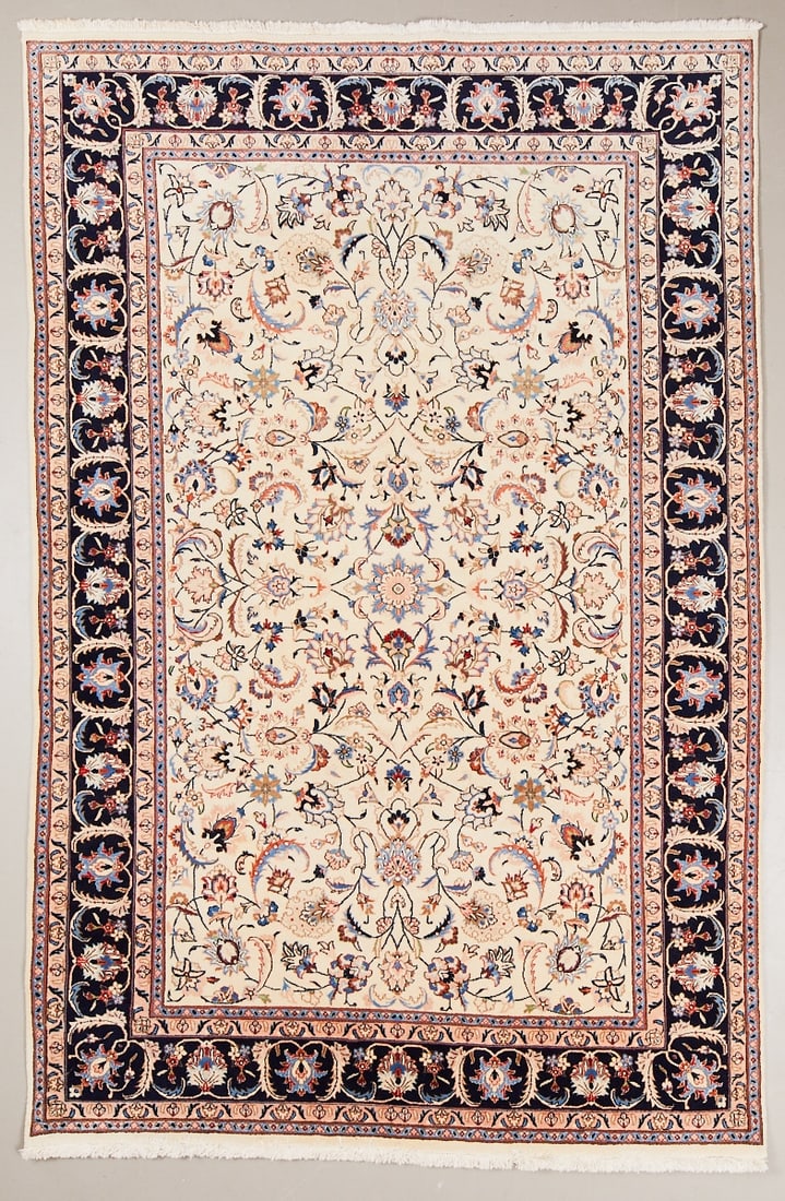 Nain Carpet: Nain Carpet Persia, 20th century. Wool on cotton, approx. 300 × 194 cm. Finely hand-knotted carpet with a light, cream-colored central field and dense floral decor of tendrils, flowers, and
