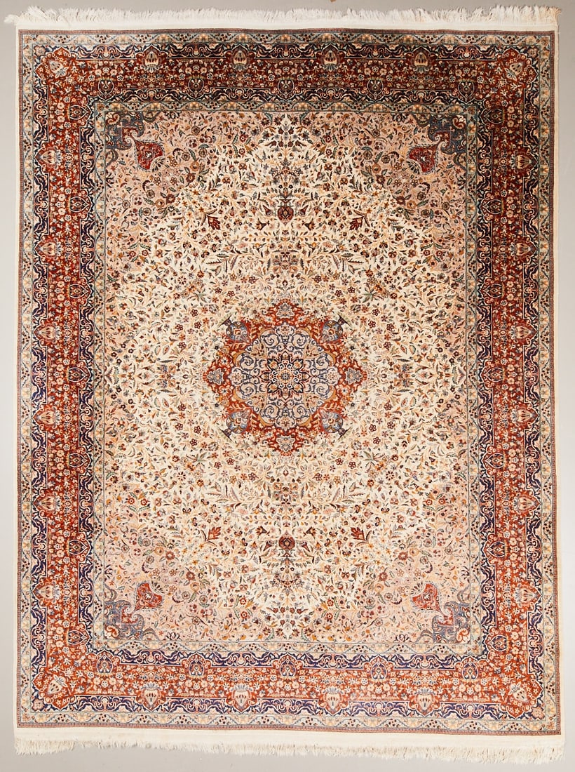 Kashan Carpet: Kashan Carpet Persia, 20th century. Wool on cotton, approx. 378 × 281 cm. Finely hand-knotted carpet with a light, ivory-colored ground and a central floral openwork medallion in blue,