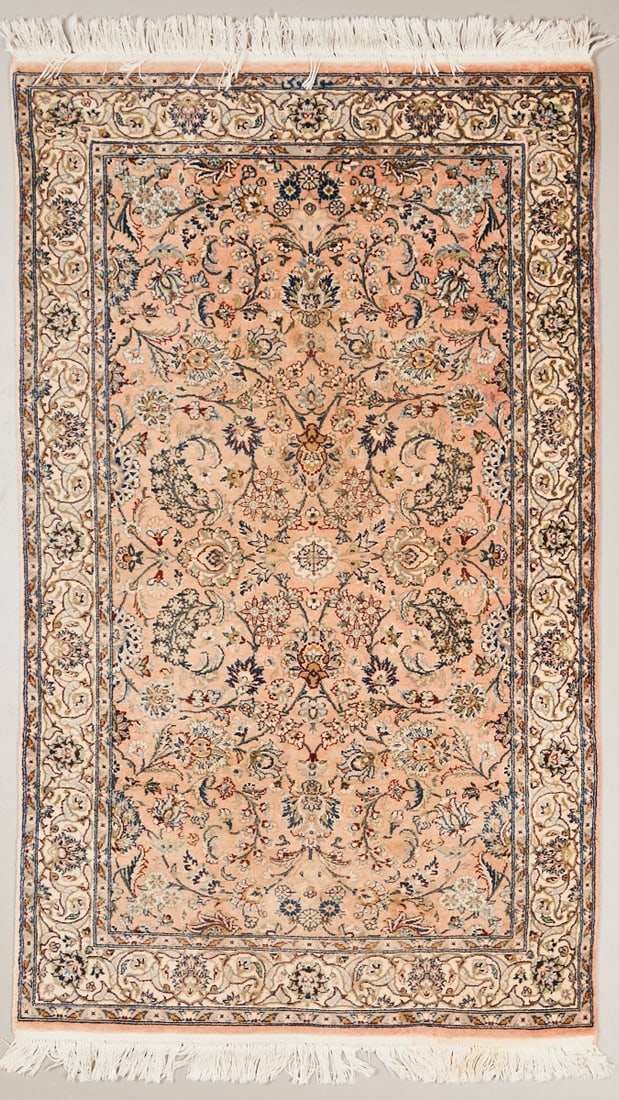 Persian Bridge Carpet: Persian Bridge Carpet Persia, 20th century. Wool on cotton, approx. 170 × 91 cm. Signed. Finely hand-knotted carpet with a salmon-colored ground and dense, symmetrically arranged floral decor