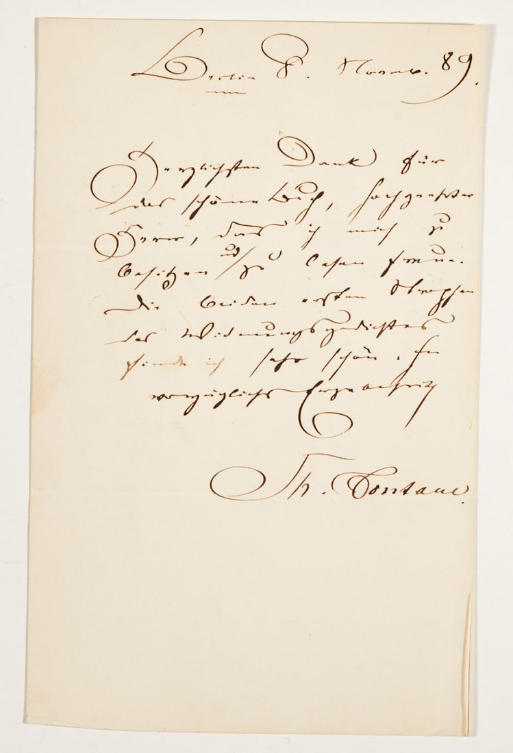 Letter from Theodor Fontane: Letter from Theodor Fontane Berlin, 1889. Handwritten document in black ink on paper. 22.5 x 14 cm. Two horizontal folds. Personal thanks from Fontane for a "beautiful" book.