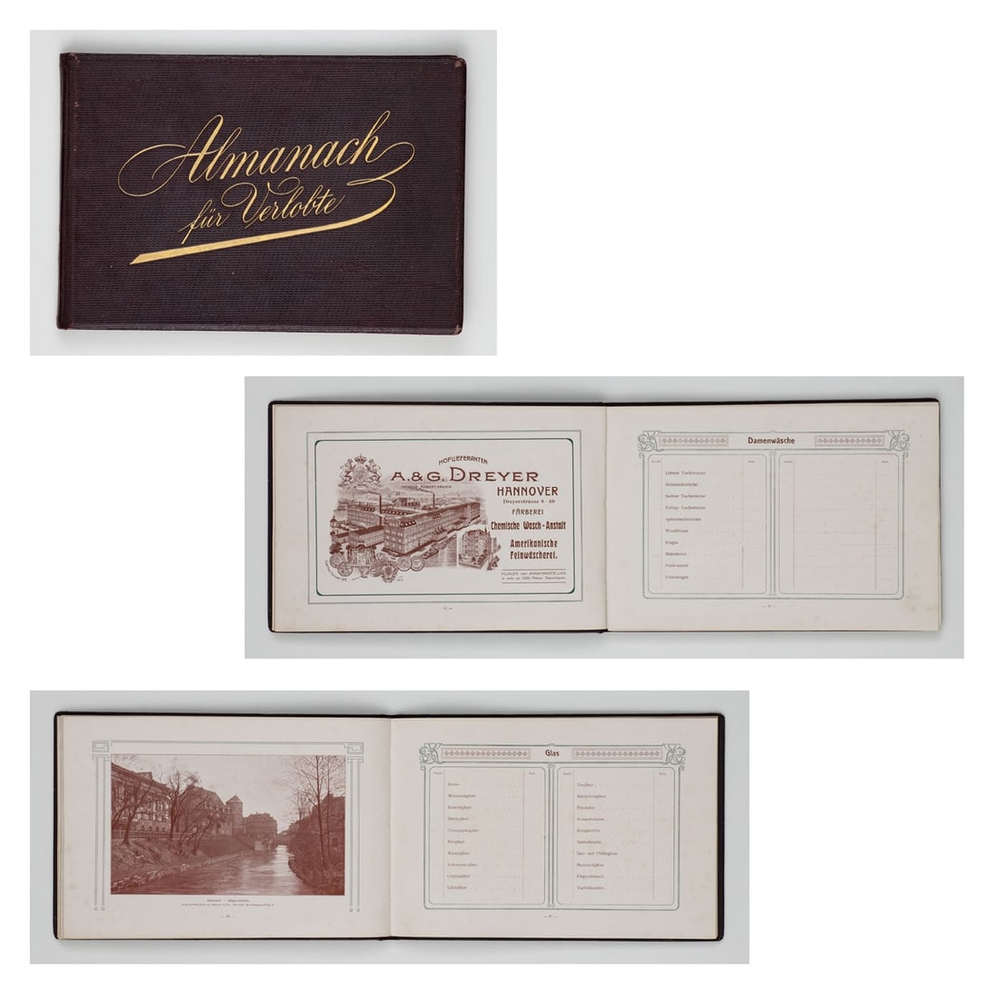 Almanac for Engaged Couples: Almanac for Engaged Couples Berlin, W.50 Verlag 1906. Leather with gold embossing. 102 pp., with numerous illustrations and figures. Hanoverian companies. Discount card No. 1946 enclosed. Individual