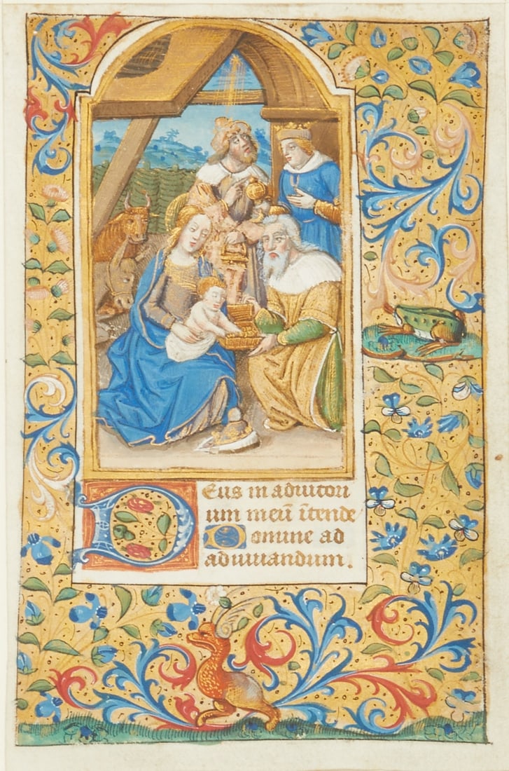 Book illumination (presumably a Leaf from a Book of Hours): Book illumination (presumably a Leaf from a Book of Hours) Probably France, circa 1500. Parchment probably from a late medieval prayer or devotional book. 17.8 x 12.2 cm. In the upper part, a large de