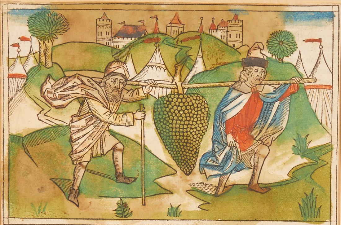 Woodcut probably from Koberger Bible: Woodcut probably from Koberger Bible Nuremberg, circa 1500. Hand-coloured woodcut/paper. 12.1 x 18.4 cm. Depiction of the scouts carrying the grapes from Eshkol (Old Testament, Book 13:23). The sheet 