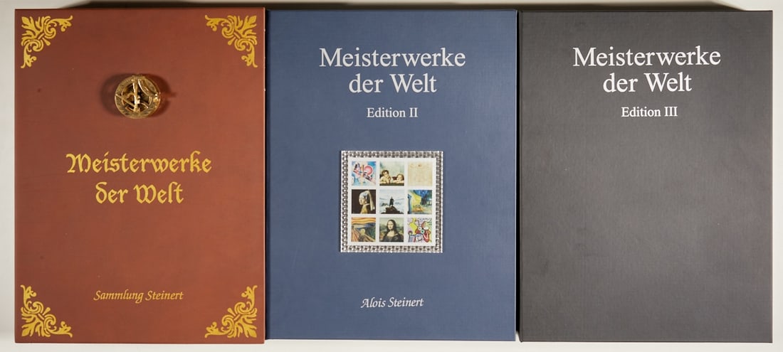 Masterpieces of the World: Masterpieces of the World Edition I, II and III. Wiesbaden, EBKM Exclusive Book & Art Manufactory GmbH n. d. Limited edition of 1999 copies. Decorative cassettes, 1 made of brown synthetic leather