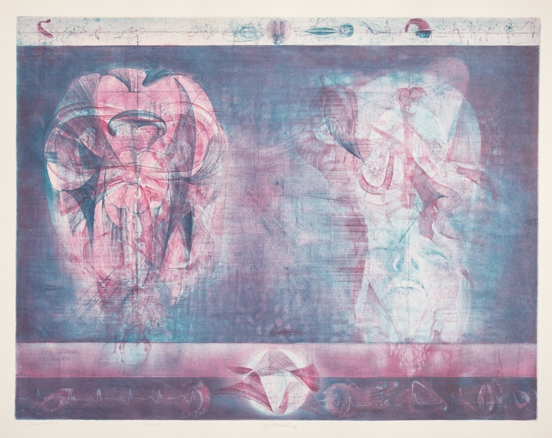 Jiri Anderle: Jiri Anderle 1936 Pavlikov - "Comedy No. 11. Superego" - (1969) Color etching/paper. 16/50. 48.5 x 62.8 cm, 64.4 x 76.6 cm. Signed and dated lower center: Anderle (19)69. Titled lower left. 