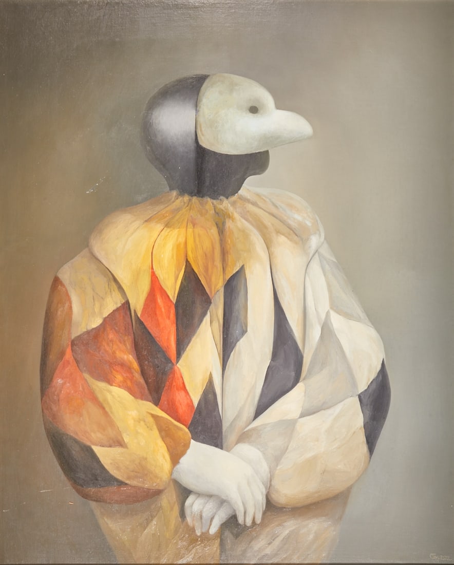 Miguel Angel Follente: Miguel Angel Follente 1950 Spain - Venetian Harlequin - Oil/canvas. 100 x 81.5 cm, 101.5 x 82.5 cm (dimensions with frame). Signed lower right: Follente. Minor scratches. Minor dent lower right.