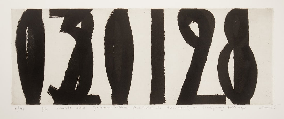 Horst Antes: Horst Antes 1936 Heppenheim - Untitled - Etching/paper. 18/40. 18 x 48.2 cm, 40 x 69 cm. 43 x 72 cm (dimensions with frame). Signed lower right: Antes. With dedication lower center. Fully visible