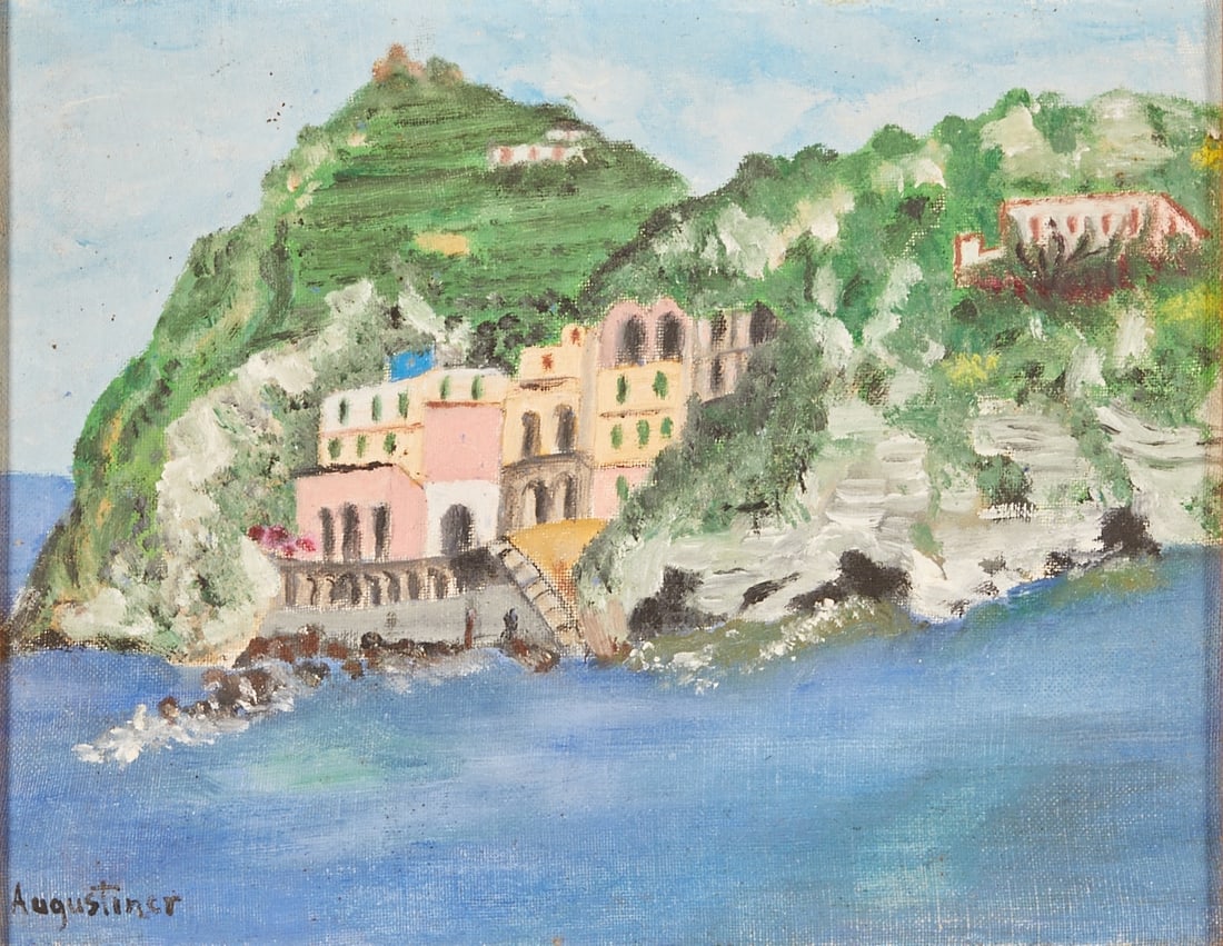 Werner Augustiner: Werner Augustiner 1922 Graz - 1986 Graz - Italian coastal landscape - Oil/canvas board. 17.8 x 24 cm. 32 x 38 cm (dimensions with frame). Signed lower left: Augustiner. Frame.