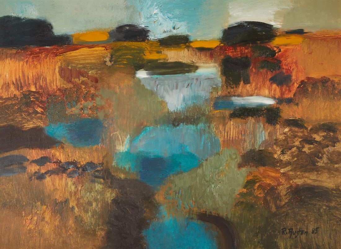 Rudolf Austen: Rudolf Austen 1931 Hainsbach/Czech Republic - 2003 Rostock - Summer moorland landscape - (1995) Oil/hardboard. 48 x 65.5 cm, 56.8 x 74 cm. Signed and dated lower right: R. Austen (19)95. Frame.