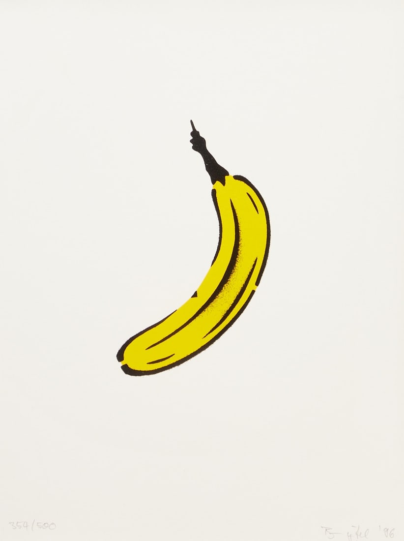 Thomas Baumg?¤rtel: Thomas Baumgärtel 1960 Rheinberg - Banana - Pochoir/paper. 354/500. 40 x 30 cm (sheet size). 42 x 32 cm (size with frame). Signed and dated lower right: Baumgärtel (19)96. Framed in an