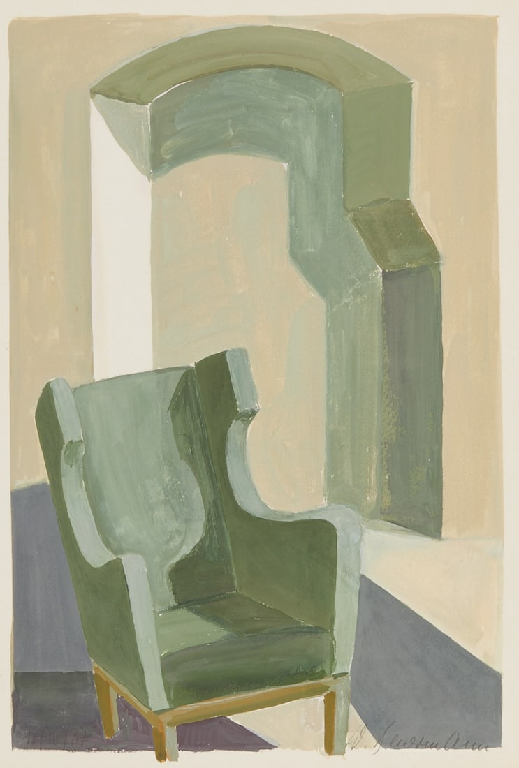 Wilhelm Beuermann: Wilhelm Beuermann 1937 Berlin - 2006 Hanover - Interior with armchair - (1987) Gouache/paper. 36 x 25 cm, 47.5 x 38.6 cm. Signed lower right: W. Beuermann. Dated lower left: 18/10/(19)87. Framed