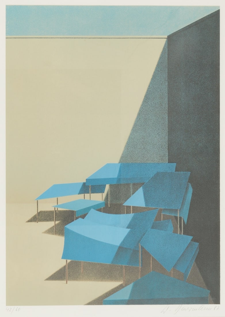 Wilhelm Beuermann: Wilhelm Beuermann 1937 Berlin - 2006 Hanover - Beach construction - (1987) Lithograph/paper. 42/60. 57.1 x 41 cm, 76.5 x 61.5 cm (size with frame). Signed and dated lower right: W. Beuermann (19)87.