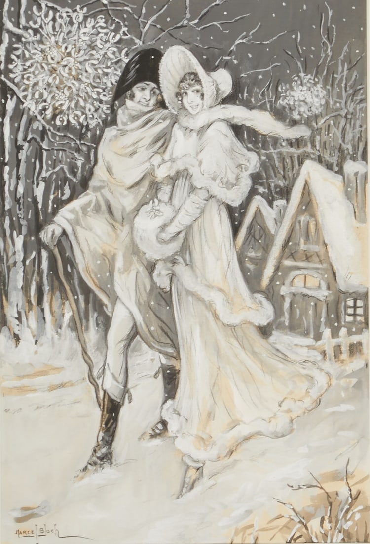 Marcel Bloch: Marcel Bloch 1882 Paris - 1966 Paris - Elegant couple in a snowy winter landscape - Gouache (Grisaille)/paper. 36 x 23.5 cm (passe-partout opening). 56 x 45 cm (size with frame). Signed lower left: