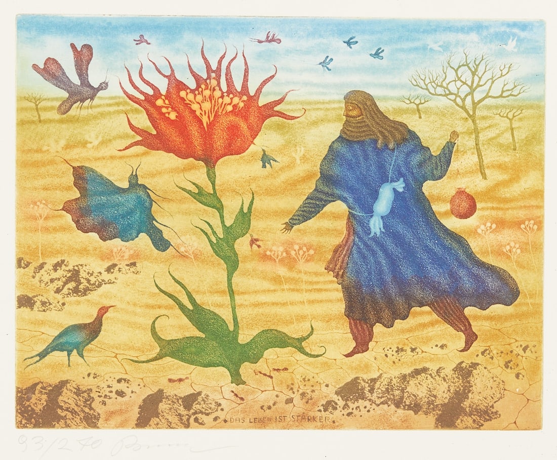 Arik Brauer: Arik Brauer 1929 Vienna - 2021 Vienna - "Life is stronger" - (1993) color etching/paper. 93/270. 25 x 31.8 cm, 29 x 35 cm (passe-partout cut-out). 43 x 47 cm (dimensions with frame). Signed